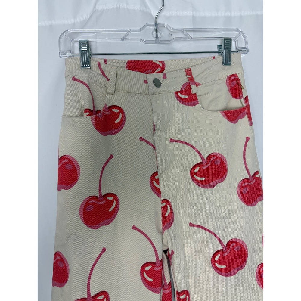Women's Cream Red Cherry Fruitcore Wide Leg Pants Size S Kidcore Statement - Picture 3 of 9